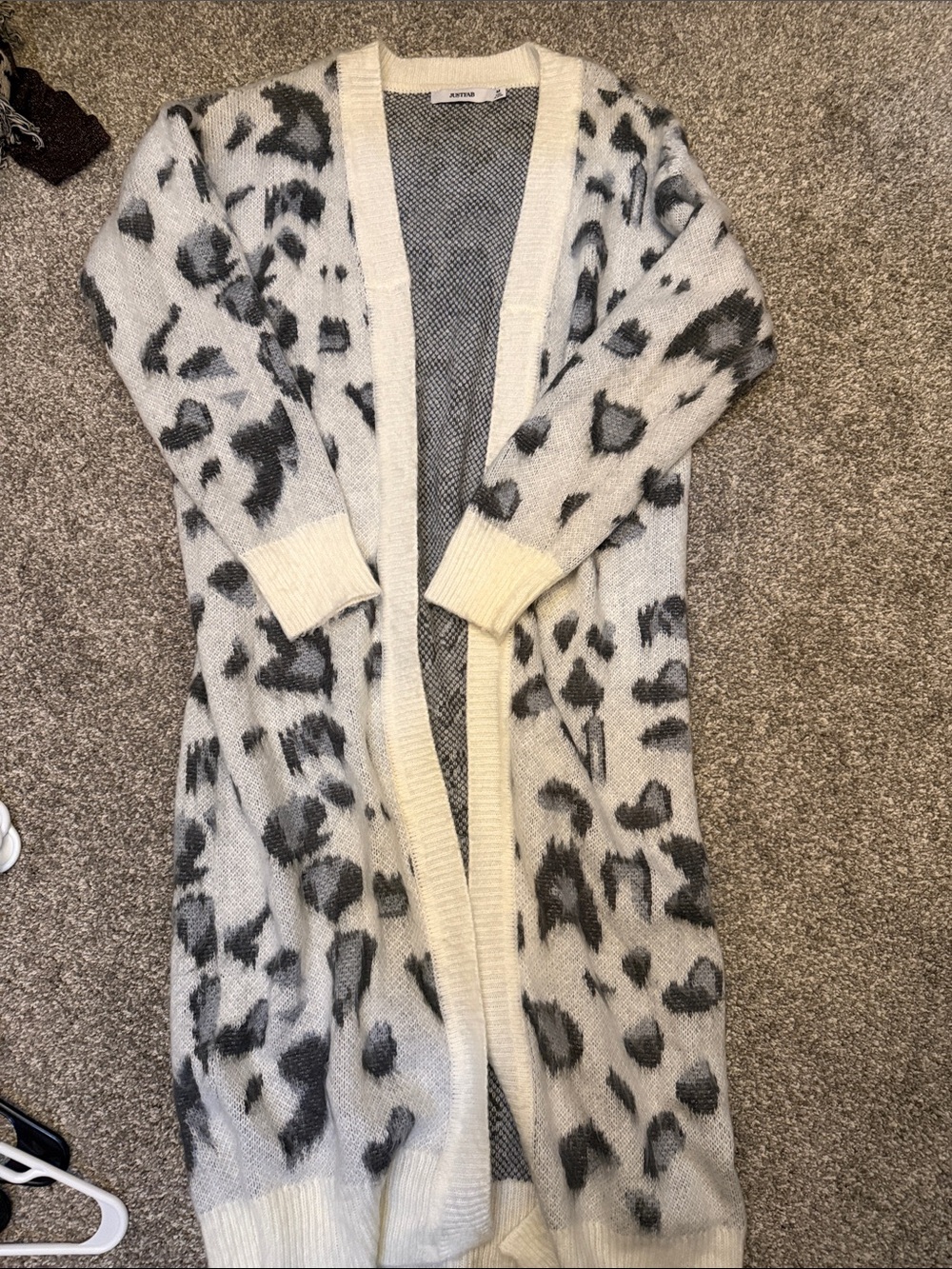 JustFab Cream and Gray Leopard Open-Front Long Cardigan
